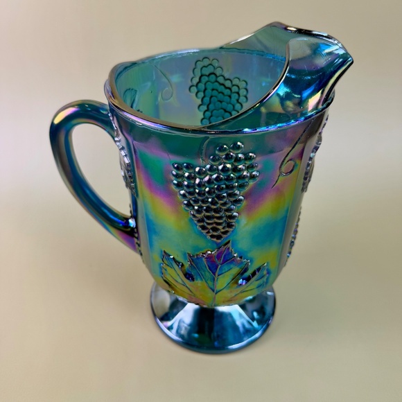 Vintage Indiana Glass Blue Carnival Grape Vine Pitcher | Iridescent Pedestal - Picture 8 of 16